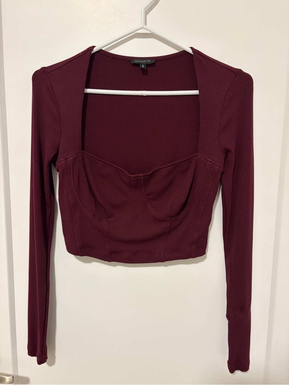 Dynamite Ribbed Long-Sleeve Crop Top in Burgundy